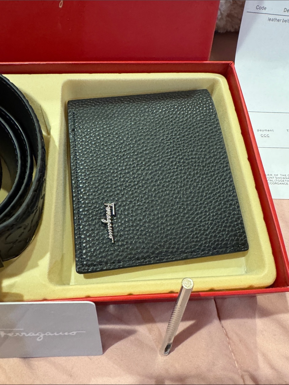 Salvatore Ferragamo Black Leather Belt and Black Textured Wallet Set - Picture 4 of 9